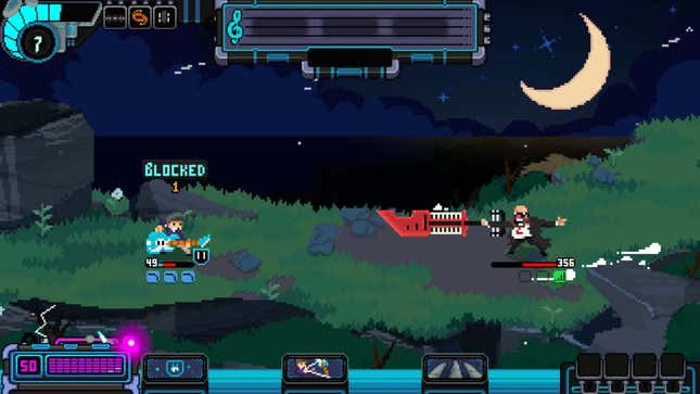 Characters using guitars and keyboards as weapons fight.