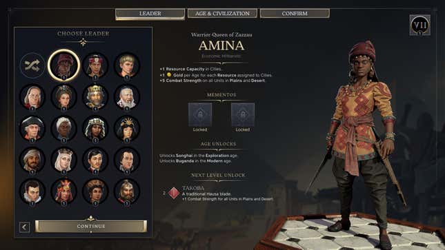 The leader selection screen for Amina in Civilization VII.