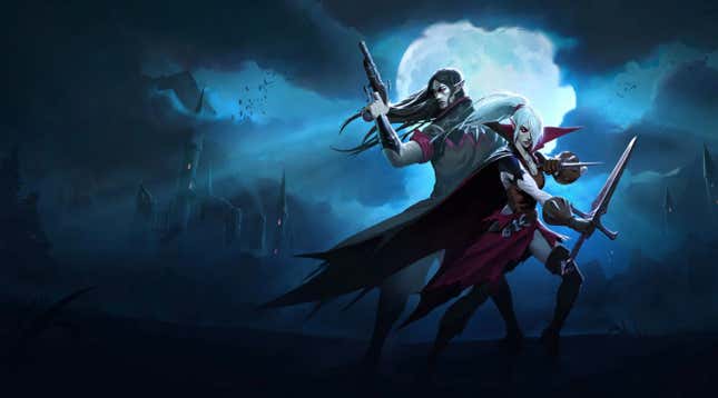 Official art for V Rising shows two characters, one brandishing a blade, the other a pistol, standing in the moonlight as a castle is shrouded in the darkness behind them and bats swarm into the sky.