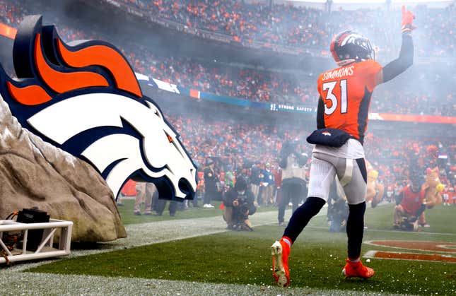 Justin Simmons #31 of the Denver Broncos takes the field before the game against the Washington Football Team at Empower Field At Mile High on October 31, 2021 in Denver, Colorado. 