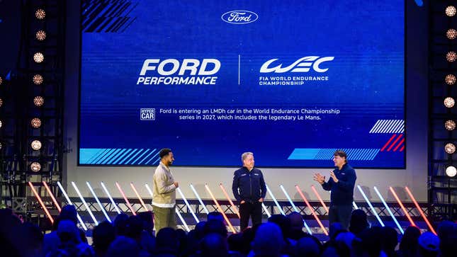 Bill Ford, Ford executive chair, center, and Jim Farley, Ford CEO, right, discuss how the company will enter an LMDh car in the World Endurance Championship series in 2027.