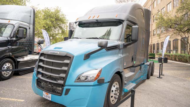 A close-up view of an electric eCascadia Freightliner truck showcasing its eco-friendly design in Austin, Texas, March 11, 2023.