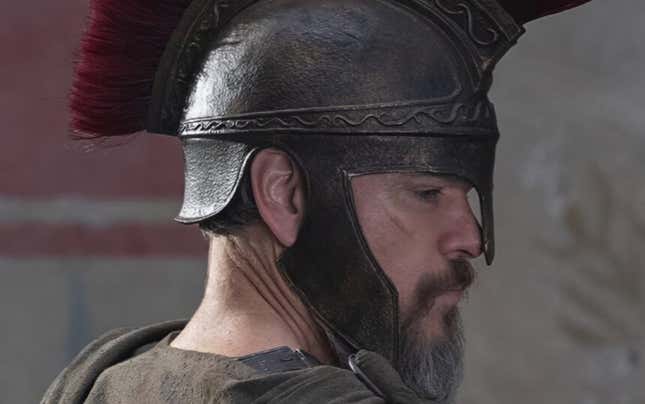 Matt Damon appears in a Spartan helmet. 