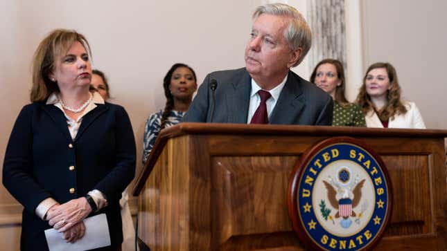Sen. Lindsey Graham, R-S.C., speaks during his news conference announcing a national abortion ban, with Marjorie Dannenfelser, left, President of Susan B. Anthony Pro-Life America, .