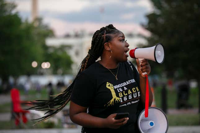 A recipient of the Deferred Action for Childhood Arrivals (DACA) program leads a protest near the White House in Washington, on June 12, 2020 .