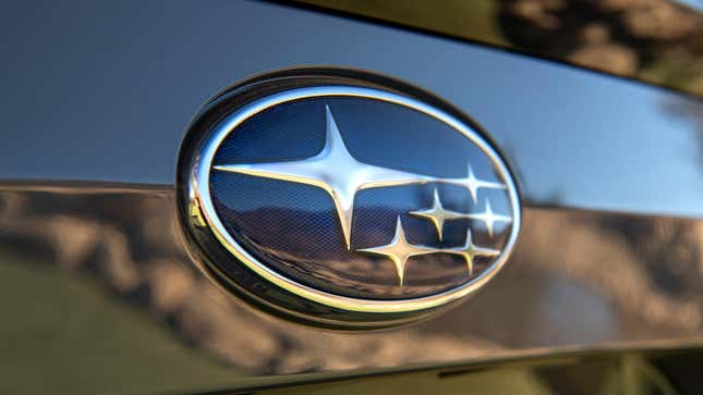 The Subaru badge on the back of a 2023 Subaru Solterra electric SUV