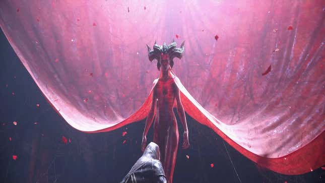 Above Lilith stands magnificently, surrounded by her hideous fleshy cloak.