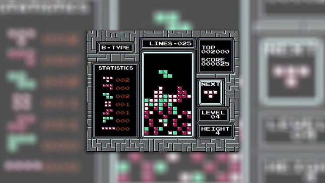 Une capture d’écran de Tetris NES, montée sur un arrière-plan flou de lui-même.