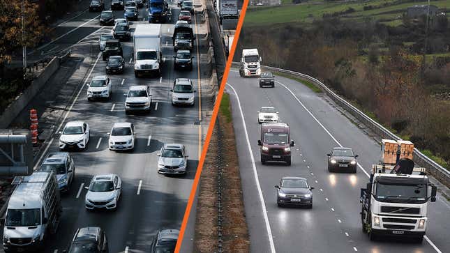 Two photos showing drivers in the UK and the USA