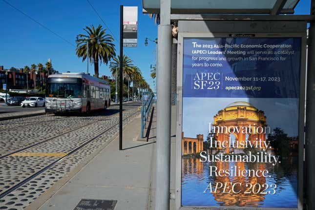 Signage along the Embarcadero promotes the upcoming Asia-Pacific Economic Cooperation leaders summit in San Francisco, Wednesday, Oct. 18, 2023. A $4 million marketing campaign touting San Francisco&#39;s resilience, innovation and moxie launches Thursday, Oct. 19, as the embattled city prepares to host a high-profile APEC leaders&#39; summit next month that could boost its image or pile on to its woes. (AP Photo/Eric Risberg)