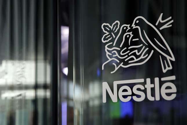 A bird’s nest logo sits on display at the Nestle SA headquarters in Vevey, Switzerland.