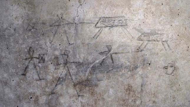 Apparent doodles of gladiators and a hunting scene.