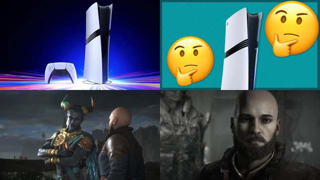 A four-way split image from Kotaku's top stories on the PS5 Pro and Dragon Age: The Veilguard.