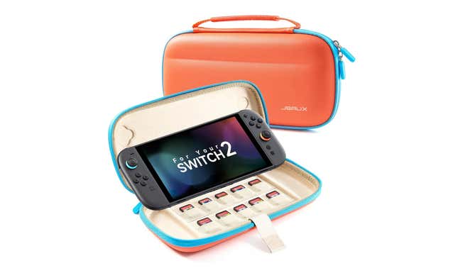 A Nintendo Switch 2 case sits open in an advertisement.