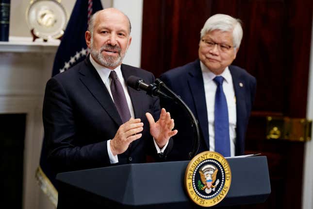 Commerce Secretary Howard Lutnick, left, accompanied by Taiwan Semiconductor Manufacturing Company CEO C.C. Wei, speaks as he joins President Donald Trump in the White House on March 3.