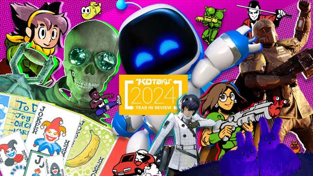 Characters from 2024 video games surround the Kotaku 2024 Year in review logo.