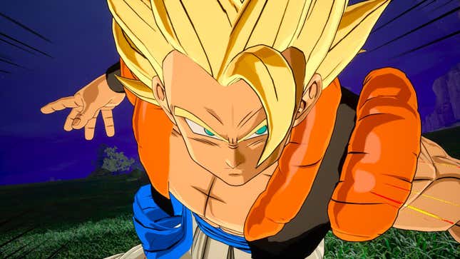 A closeup of Gogeta rushing towards the screen.