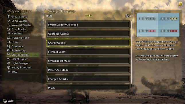 The Charge Blade Weapon properties menu, highlighting the Charge Gauge entry.