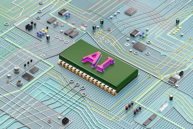 A computer circuit board with a green rectangle that reads "AI" in the middle in hot pink