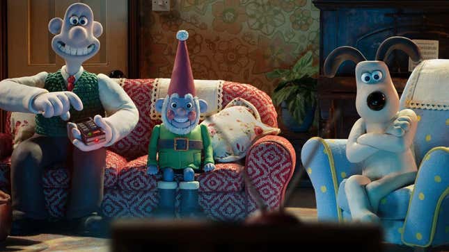 An image shows Wallace and Gromit watching TV with a robot gnome. 