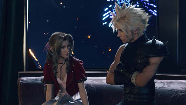 Cloud and Aerith chat with fireworks in the background.