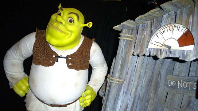 Shrek with “Fartometer”-enabled outhouse at Madame Tussauds