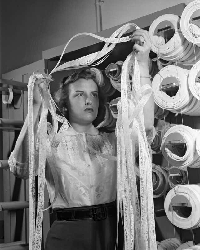 Women Adequately Filling Posts In NACA Laboratory: Mrs. Doris Rudd Porter Baron handling Manometertape, Bell computer.