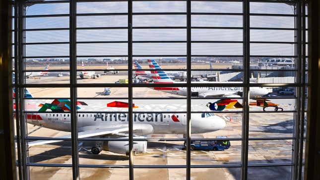 American Airlines airplanes sit on the tarmac of Reagan National airport in Arlington, Virginia