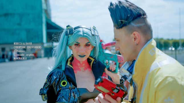 Rebecca and David from Cyberpunk: Edgerunners cosplay. 