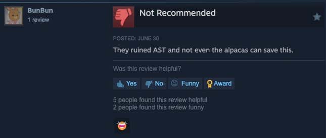 Steam review that reads "They ruined AST and not even the alpacas can save this"