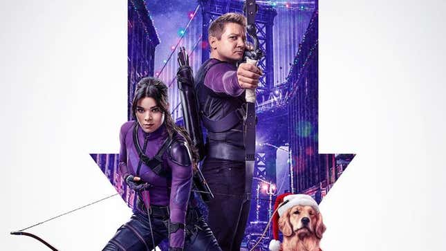 Hailee Steinfeld and Jeremy Renner in a poster for Marvel's Hawkeye, with a dog next to them and a Christmas-themed New York in the background. 