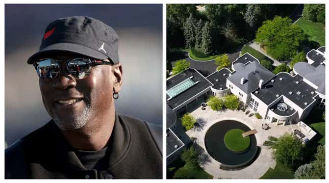 Michael Jordan, left; An aerial view of his Chicago mansion.