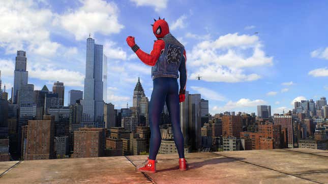 A Spider-Man 2 screenshot shows Peter Parker wearing his Spider-Punk suit. 
