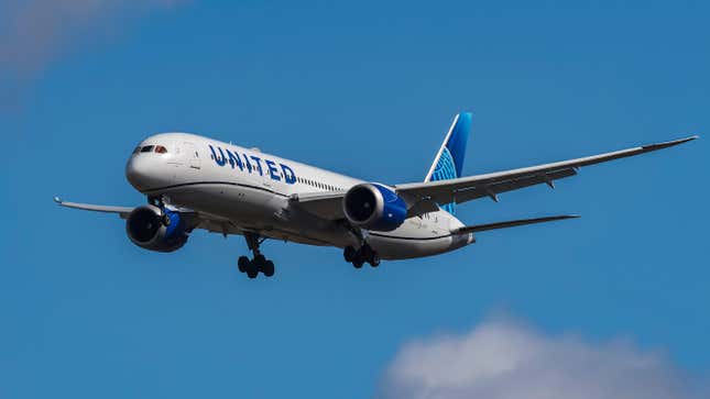 United Airlines Boeing 787-9 Dreamliner aircraft spotted flying on final approach for landing at London Heathrow Airport in the United Kingdom.