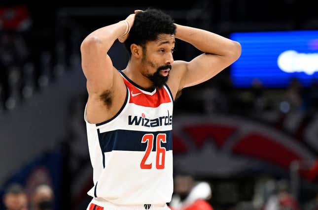 Spencer Dinwiddie #26 of the Washington Wizards reacts to a call in the fourth quarter during the game against the LA Clippers at Capital One Arena on January 25, 2022 in Washington, DC. 