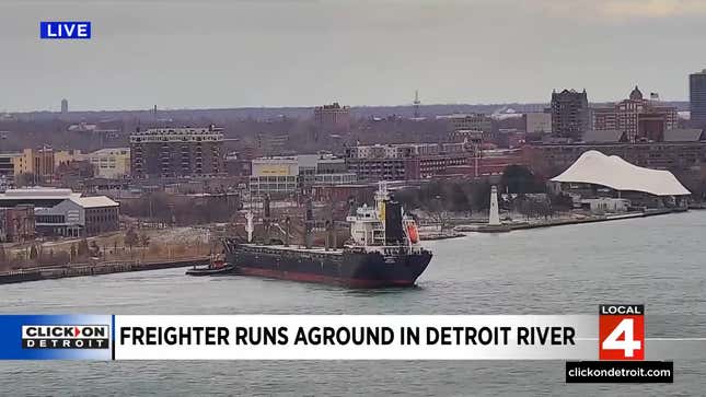 A wide camera shot of the Barbro G aground in Detroit