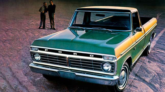 A photo of a 1970s Ford pickup truck that is painted green and yellow. 