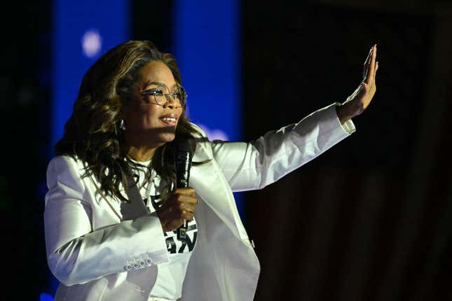 Oprah Winfrey arrives to speak during a campaign rally with US Vice President and Democratic presidential candidate Kamala Harris on the Benjamin Franklin Parkway in Philadelphia, Pennsylvania on November 4, 2024.