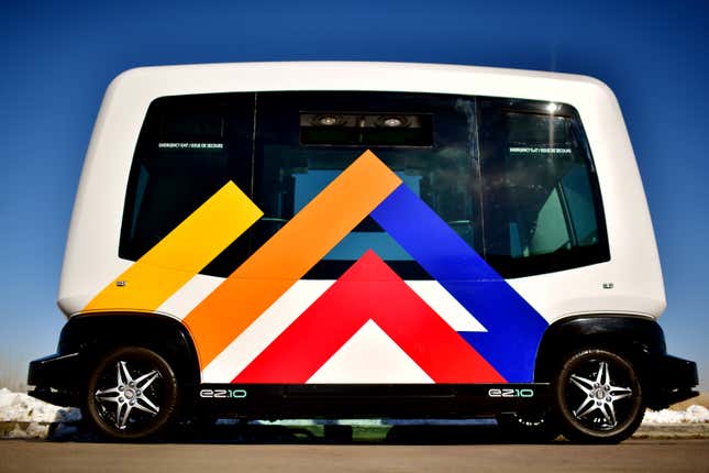 The six-seat EZ-10 driverless shuttle at the Technology and Operations Center of Panasonic Enterprise Solutions in Denver. 