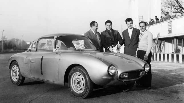 A black and white photo of an Auto union car. 