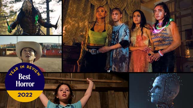 Clockwork from bottom left: Pearl (Screenshot: A24); Nope (Photo: Universal Pictures); Prey (Screenshot: Hulu); Bodies Bodies Bodies (Screenshot: A24); Hellraiser (Photo: Hulu)