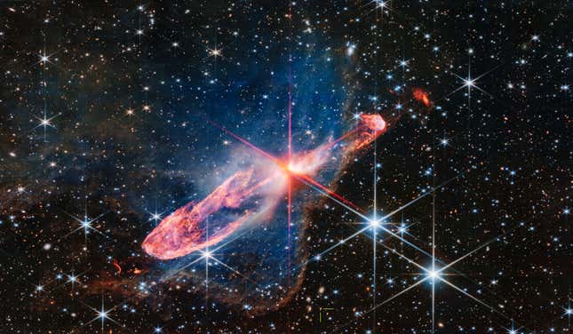 The image, released last week, shows Herbig-Haro 46/47, and an apparent question mark in deep space (as shown by yellow indicators at bottom center)