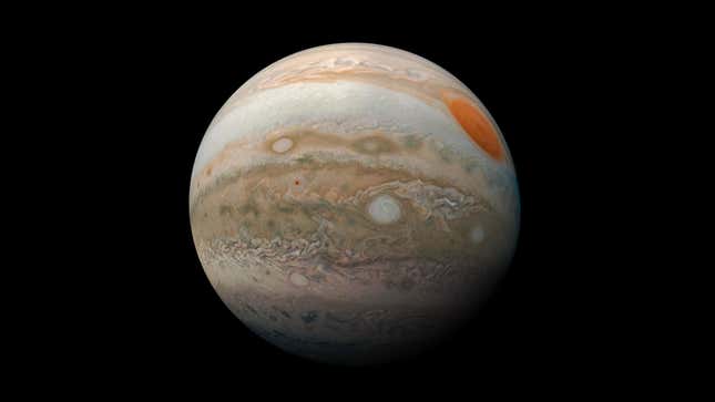 Jupiter as seen by Juno, its Great Red Spot visible at right.