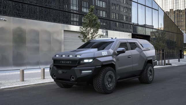 A futuristic looking military style SUV built by Rezvani is rendered on a city street