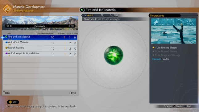 A screenshot of Chadley's materia store shows a Fire and Ice materia orb.