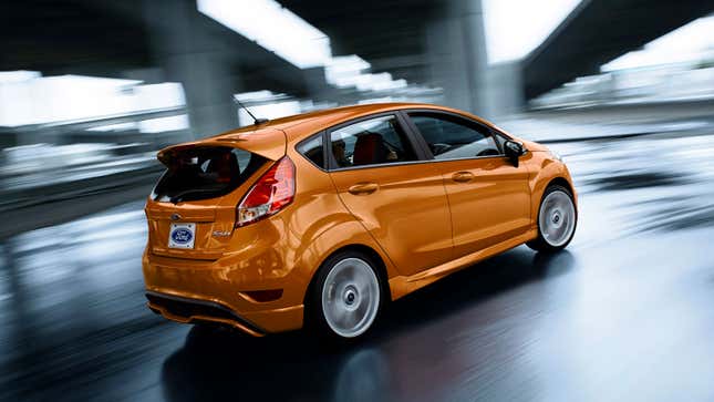 A photo of a bright orange Ford Fiesta ST. 