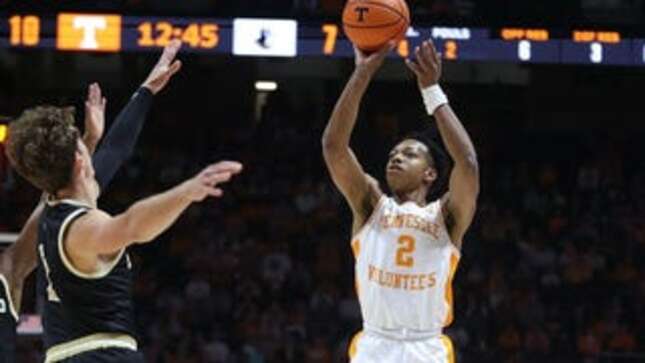 Nov 14, 2023; Knoxville, Tennessee, USA; Tennessee Volunteers guard Jordan Gainey (2) shoots a three pointer against the Wofford Terriers during the first half at Thompson-Boling Arena at Food City Center.