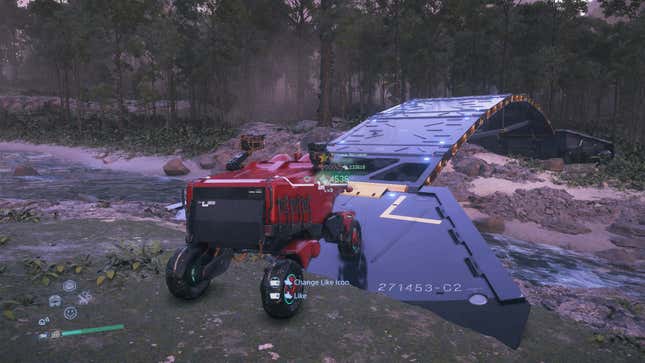 A vehicle uses a bridge to cross a river.