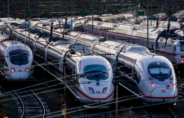 FILE - ICE trains are parked near the central train station in Frankfurt, Germany, Monday, March 27, 2023. A union representing German train drivers said Tuesday that it is calling its members out on a 20-hour strike later this week as a rancorous round of pay negotiations with the country&#39;s main rail operator gets under way. The GDL union called on drivers, guards and others to walk off the job from 10 p.m. Wednesday to 6 p.m. Thursday. (AP Photo/Michael Probst, File)