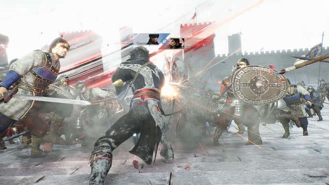 A screenshot from Dynasty Warriors: Origins. The protagonist has just defeated Lu Bu in the middle of a crowded battlefield.